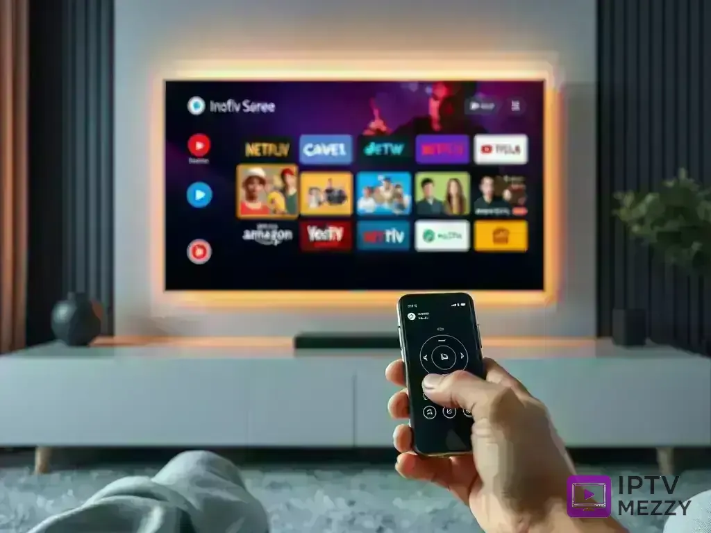 Android TV remote control and smartphone controlling TV screen